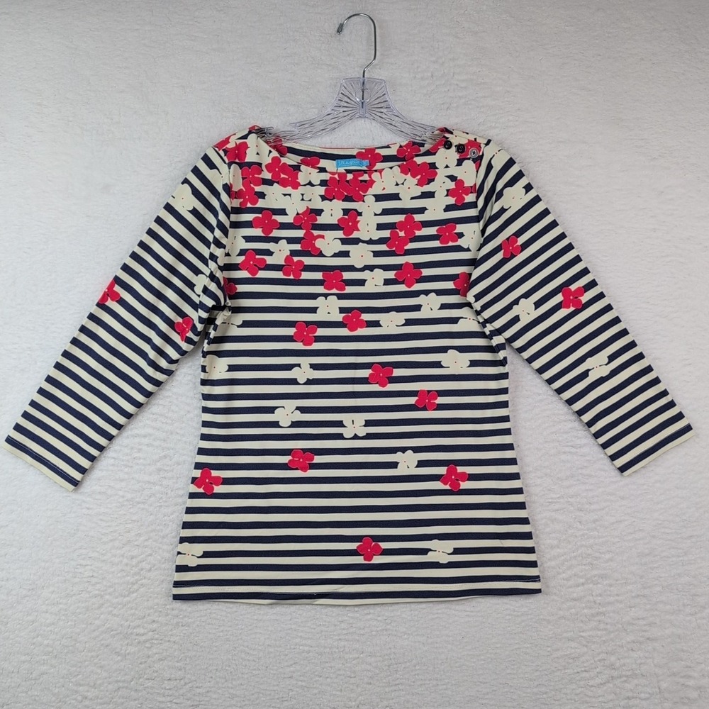 J McLaughlin Wavesong Striped  3/4 Sleeve Button Shoulder Top Floral Sz Small
